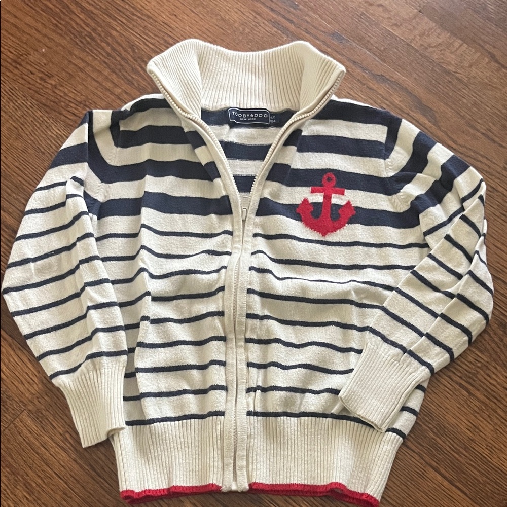 Toobydoo Cream & Navy Zip Sweater, 4T